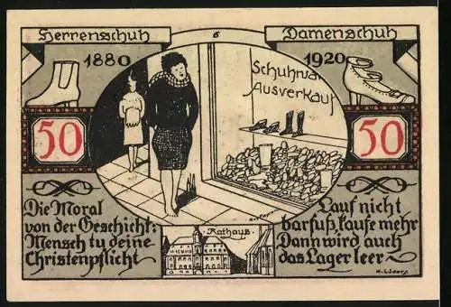 Notgeld Weissenfels 1921, 50 Pfennig, Stadtwappen und Schuhausverkauf Szenen