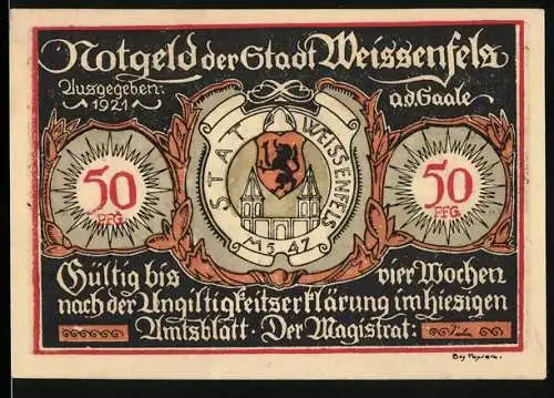 Notgeld Weissenfels 1921, 50 Pfennig, Wappen und Schuster bei der Arbeit