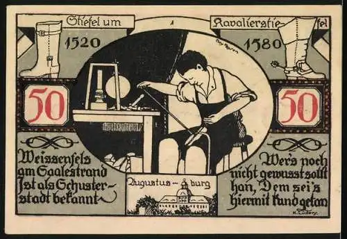 Notgeld Weissenfels 1921, 50 Pfennig, Wappen und Schuster bei der Arbeit