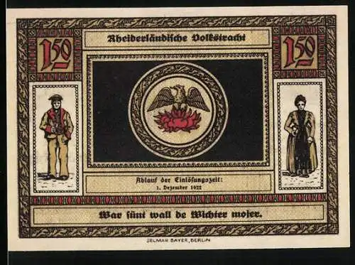 Notgeld Weener, 1921, 1 Mark 50 Pfennig, Rheiderländische Volkstracht, Adler und Bauern, Spar- und Leihkasse Weener (E