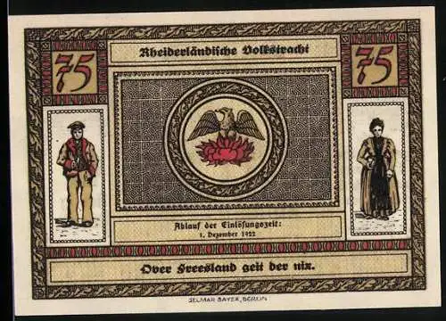 Notgeld Weener 1921, 75 Pfennig, Rheiderländische Volkstracht und Gebäudeillustration