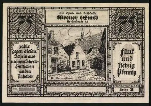 Notgeld Weener 1921, 75 Pfennig, Rheiderländische Volkstracht und Gebäudeillustration