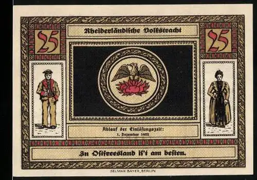 Notgeld Weener 1921, 25 Pfennig, Abbildungen ländlicher Trachten und Stadtansicht