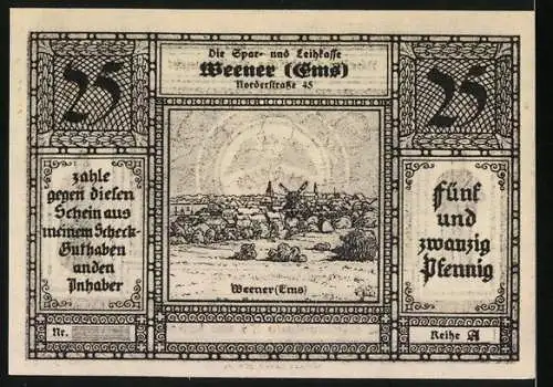 Notgeld Weener 1921, 25 Pfennig, Abbildungen ländlicher Trachten und Stadtansicht