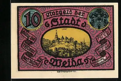 Notgeld Weida, 10 Pfennig, Stadtansicht und tanzende Frau