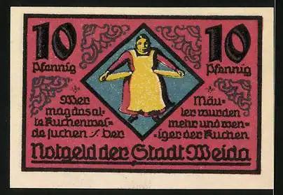 Notgeld Weida, 10 Pfennig, Stadtansicht und tanzende Frau