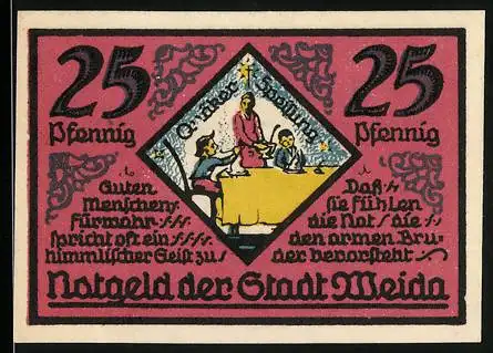 Notgeld Weida, 1921, 25 Pfennig, Stadtansicht und Familienmahlzeit in Gelb und Blau