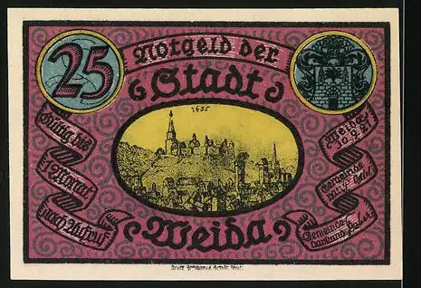 Notgeld Weida, 1921, 25 Pfennig, Stadtansicht und Familienmahlzeit in Gelb und Blau