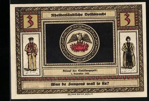 Notgeld Weener / Ems 1921, 3 Mark, Rheinländische Volkskraft mit Adler und Eisenbahnunglück