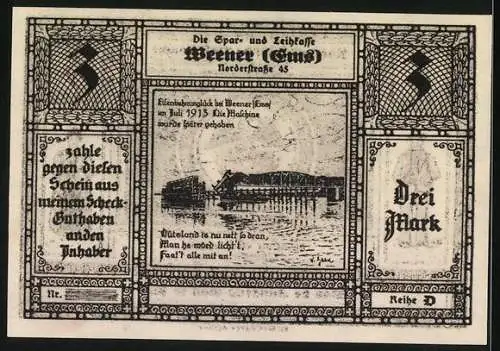 Notgeld Weener / Ems 1921, 3 Mark, Rheinländische Volkskraft mit Adler und Eisenbahnunglück