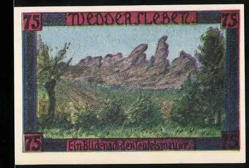 Notgeld Weddersleben, 1921, 75 Pfennig, Landschaftsblick auf Felsen und Bäume, Wappen und Schrift auf Rückseite