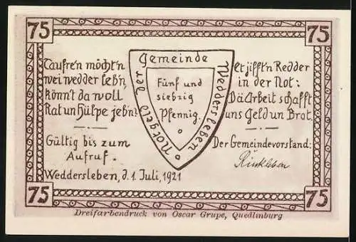 Notgeld Weddersleben, 1921, 75 Pfennig, Landschaftsblick auf Felsen und Bäume, Wappen und Schrift auf Rückseite