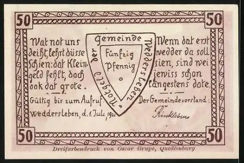 Notgeld Weddersleben 1921, 50 Pfennig, Ein Blick vom Bodewehr nach d. Harze, Gültig bis zum Aufruf