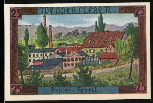 Notgeld Weddersleben, 1921, 25 Pfennig, Papier-Fabrik und Gemeinde-Wappen, gültig bis 1. Juli 1921