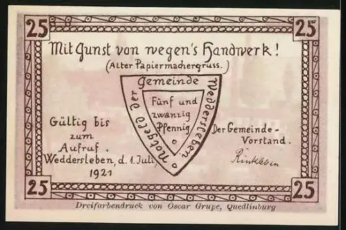 Notgeld Weddersleben, 1921, 25 Pfennig, Papier-Fabrik und Gemeinde-Wappen, gültig bis 1. Juli 1921