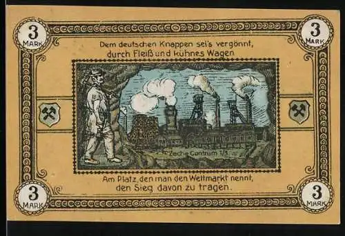 Notgeld Wattenscheid, 1921, 3 Mark, Bergmann und Zeche, Stadtwappen und Schriftzug