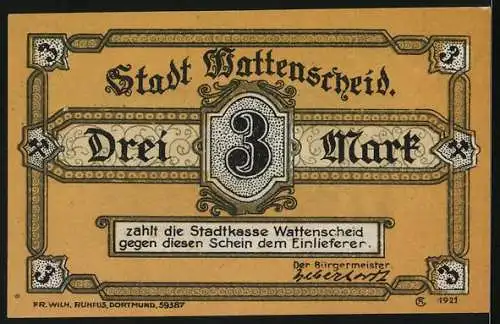 Notgeld Wattenscheid, 1921, 3 Mark, Bergmann und Zeche, Stadtwappen und Schriftzug