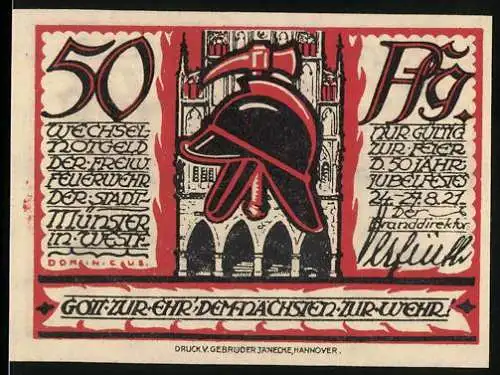 Notgeld Münster 1921, 50 Pfennig, Feuerwehrjubiläum mit Feuerwehrhelm und Feuerwehrauto