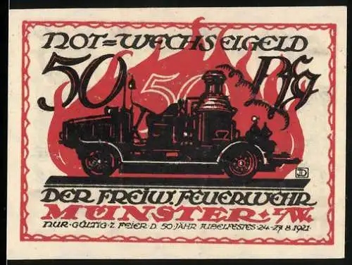 Notgeld Münster 1921, 50 Pf, Feuerwehr-Jubiläum mit Feuerwehrwagen und Helm, Gott zur Ehr dem Nächsten zur Wehr