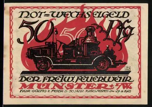 Notgeld Münster 1921, 50 Pf, Der Freiw. Feuerwehr, Feuerwehrfahrzeug vor Flammen und Feuerwehrhelm vor Gebäude