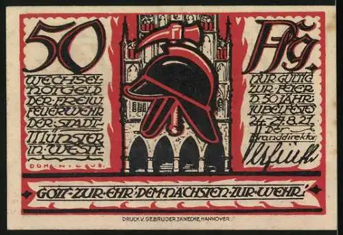 Notgeld Münster 1921, 50 Pf, Der Freiw. Feuerwehr, Feuerwehrfahrzeug vor Flammen und Feuerwehrhelm vor Gebäude