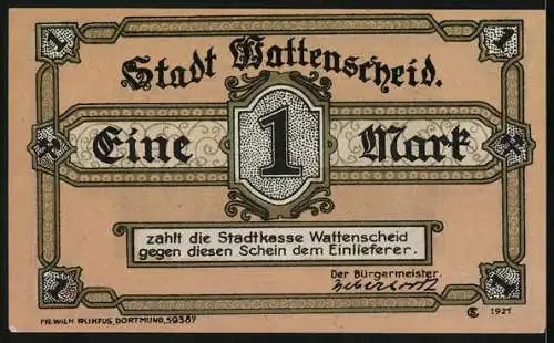 Notgeld Wattenscheid, 1921, 1 Mark, Bergleute bei der Arbeit in einer Mine