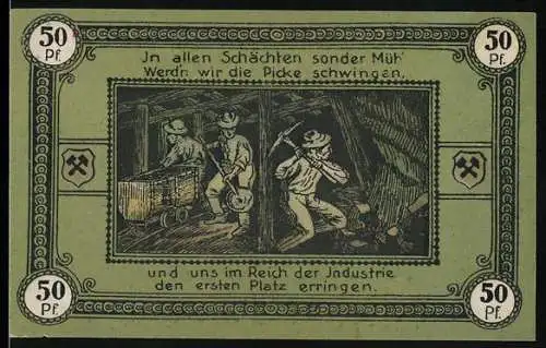 Notgeld Wattenscheid 1921, 50 Pf, Bergleute in einem Schacht, Stadtwappen und Inschrift