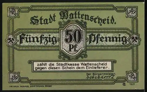 Notgeld Wattenscheid 1921, 50 Pf, Bergleute in einem Schacht, Stadtwappen und Inschrift