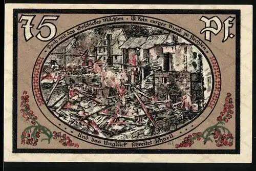 Notgeld Wasungen 1921, 75 Pf, Rathaus und zerstörte Häuser nach Brand