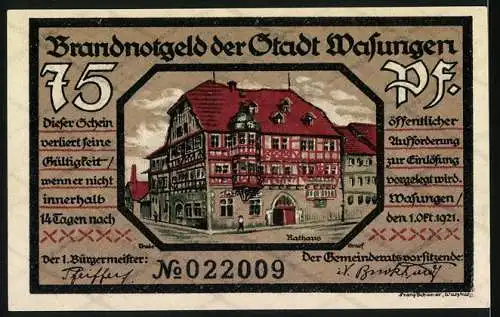 Notgeld Wasungen 1921, 75 Pf, Rathaus und zerstörte Häuser nach Brand