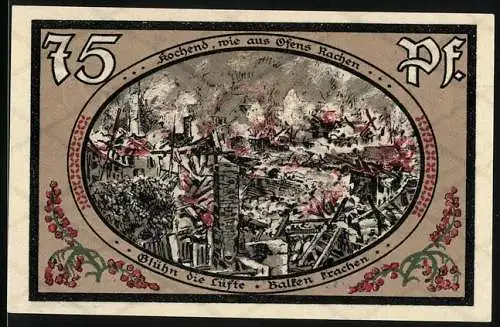 Notgeld Wasungen 1921, 75 Pfennig, Stadtansicht und Brandruine