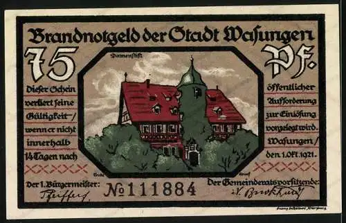 Notgeld Wasungen 1921, 75 Pfennig, Stadtansicht und Brandruine