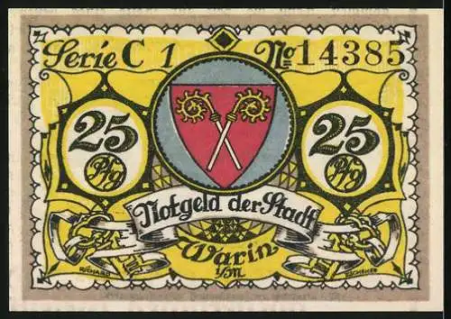 Notgeld Warin 1921, 25 Pfennig, Stadtansicht und Wappen, gültig bis 1. März 1922