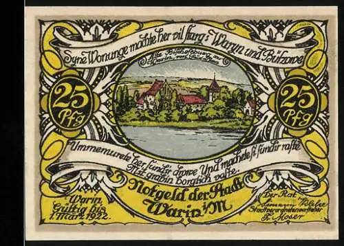 Notgeld Warin 1921, 25 Pfennig, Stadtansicht und Wappen auf gelbem Hintergrund