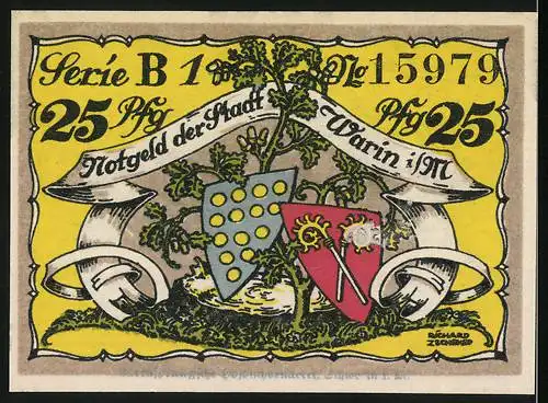 Notgeld Warin 1921, 25 Pfennig, Stadtansicht und Wappen auf gelbem Hintergrund