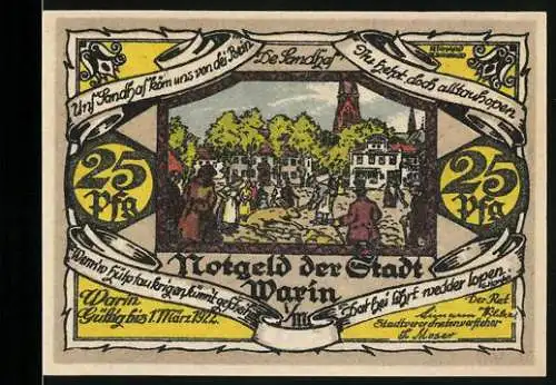 Notgeld Warin, 1921, 25 Pf, Stadtansicht mit Kirche und Wappen, Serie A1, Nr. 6144