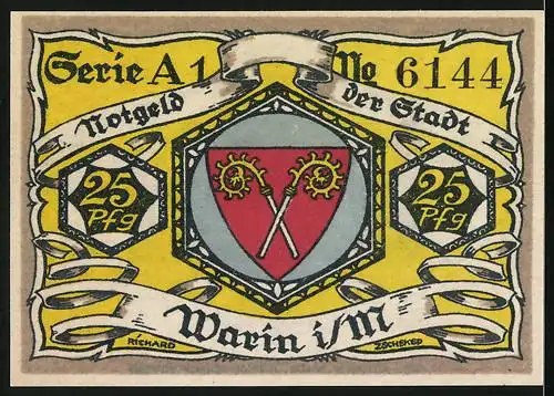 Notgeld Warin, 1921, 25 Pf, Stadtansicht mit Kirche und Wappen, Serie A1, Nr. 6144