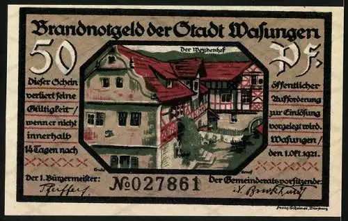 Notgeld Wasungen 1921, 50 Pfennig, Brandnotgeld der Stadt, Mühlhausen Hof und Ruinen