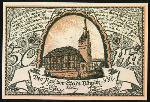 Notgeld Dömitz, 1921, 50 Pfennig, Fischerndes Paar und Stadtansicht mit Kirche