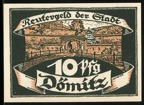 Notgeld Dömitz, 1922, 10 Pfennig, Reutergeld der Stadt mit Abbildung des Stadttores und Text