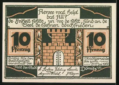 Notgeld Dömitz, 1922, 10 Pfennig, Reutergeld der Stadt mit Abbildung des Stadttores und Text