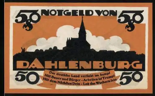 Notgeld Dahlenburg, 1920, 50 Pfennig, Stadtansicht und Spar- u. Darlehenskasse