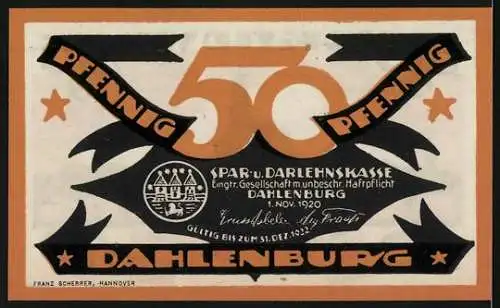 Notgeld Dahlenburg, 1920, 50 Pfennig, Stadtansicht und Spar- u. Darlehenskasse