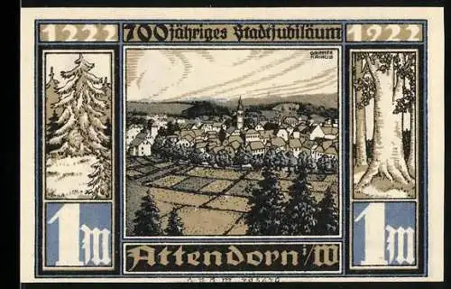 Notgeld Attendorn, 1922, 1 Mark, 700-jähriges Stadtjubiläum und historisches Stadtwappen mit Bieketurm und Pulverturm