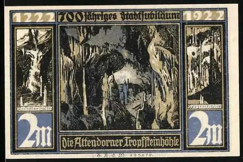 Notgeld Attendorn 1922, 2 Mark, 700-jähriges Stadtjubiläum, Tropfsteinhöhle und historische Gebäude