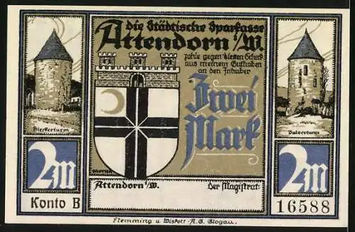 Notgeld Attendorn 1922, 2 Mark, 700-jähriges Stadtjubiläum, Tropfsteinhöhle und historische Gebäude