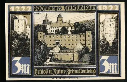 Notgeld Attendorn 1922, 3 Mark, Schloss und Ruine Schnellenberg / Stadtansicht mit Türmen und Wappen