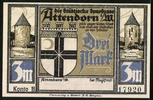 Notgeld Attendorn 1922, 3 Mark, Schloss und Ruine Schnellenberg / Stadtansicht mit Türmen und Wappen