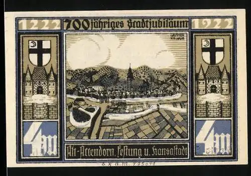 Notgeld Attendorn 1922, 4 Mark, 700-jähriges Stadtjubiläum mit Stadtansicht und Türmen