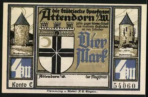 Notgeld Attendorn 1922, 4 Mark, 700-jähriges Stadtjubiläum mit Stadtansicht und Türmen